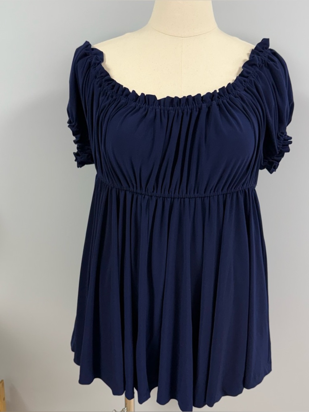 Norma Kamali Timeless Milkmaid Ruched Mini Dress XL Navy Blue Babydoll Ruffles